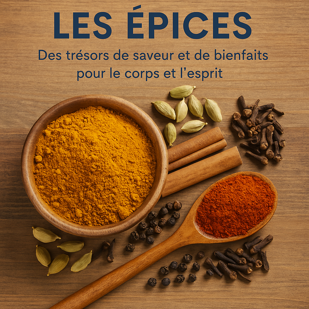 Assortiment d'épices naturelles : curcuma, piment, cannelle, cardamome et clous de girofle, posés sur un fond en bois, illustrant leurs bienfaits pour le corps et l’esprit.