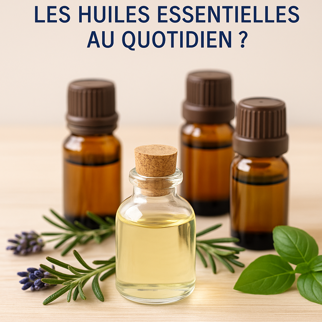 Bouteilles d’huiles essentielles avec lavande, romarin, eucalyptus et basilic sur fond en bois clair, illustrant une utilisation naturelle au quotidien.