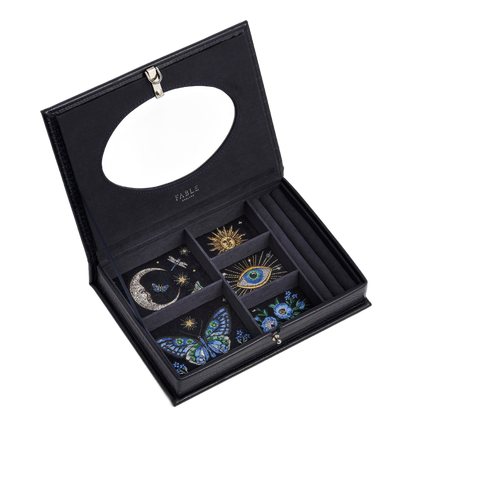 Coffret à Bijoux Brodé Night Sky - Croco Bleu Marine