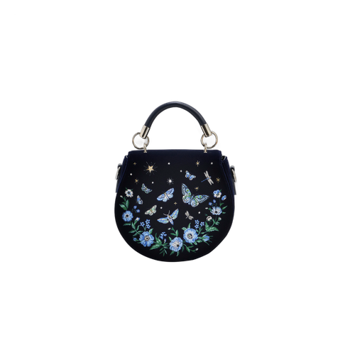 Sac Selle Brodé Charlotte Butterfly - Velours Bleu Marine